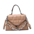 Light brown quilted leather crossbody bag with silver chain and metal buckle detail - Brown