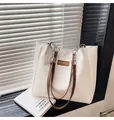 White quilted tote bag with brown leather chain strap and minimalist diamond pattern - Tan
