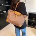 Large dark brown nylon tote bag with contrasting leather straps and trim for women - Khaki