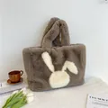 Borsa tote in peluche marrone con motivo a coniglio bianco, borsa a mano soffice invernale - Cachi