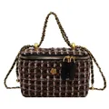 Mini tweed chain box bag in brown and white with golden camellia and metal handle - Black Small