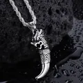 Detail of silver wolf tooth pendant with dragon carving and twisted rope chain - 60CM / Wolf Tooth Pendant (Rope Chain) / Silver