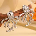 Boucles d'oreilles pieuvre en acier inoxydable poli avec tentacules détaillés - Poulpe Argenté