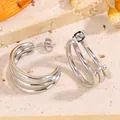 Orecchini a C in acciaio al titanio argento a tre fili dal design minimalista - Stile Intrecciato a Doppio Strato Argento
