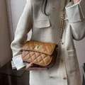 Stijlvolle bruine gewatteerde crossbodytas met gouden ketting en rechthoekige draaisluiting - Groot / Bruin