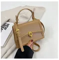 Minimalist light brown square handbag with gold ring buckle and adjustable strap - Khaki