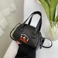 Retro black mini crossbody bag with colorful bear embroidery and adjustable strap - Black