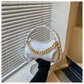 Minimalist white leather handbag with gold chain detail and braided handle - White