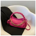Fashionable bright pink handbag with woven handle and chunky gold chain decoration - Rose Red