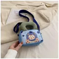 Japanese style blue canvas tote bag with cute tiger graphic and green corduroy handles - Tiger Berry Hat Pattern / Blue