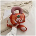 Orange canvas crossbody bag with strawberry girl cartoon print and pink velvet handle - Strawberry Girl Pattern / Orange Red