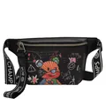 Riñonera de cuero negro con osos graffiti de colores y correa ancha tejida - Negro