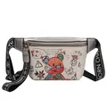 Bolso de pecho blanco crema con graffiti de dibujos y correa ancha negra con logo - Plateado