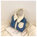 Unique shirt-style blue denim crossbody bag with white leather trim and top handle - Denim Fabric (1133) / Blue