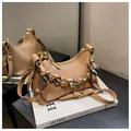Brown half-moon crossbody bag with lychee texture and silk scarf woven chain strap - Dark Khaki