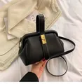 Black lychee texture top handle bag with gold hardware and removable shoulder strap - Black