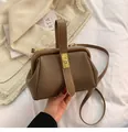 Dark brown lychee pattern leather satchel with metal buckle and shoulder strap - Khaki