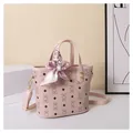 Borsa tote rosa con motivo a orsetto, pelle PU testurizzata litchi e fiocco in seta - Stile Stampa Orsetto a Rombi / Rosa