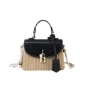 Straw shoulder bag with black leather flap, flower lock, and cotton rope strap - Black