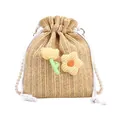 Stroh-Eimertasche mit karierten Blumen und Perlenkette in natürlicher Optik - Khaki