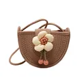 Handwoven khaki crossbody bag featuring a large white flower detail and pink pom-poms - Khaki