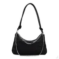 Bolso de hombro plisado negro de moda con cadenas de plata y diseño de correa de nudo - Negro