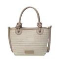 Bolso saco de paja tejida en contraste con asas y correa de hombro para verano - Caqui