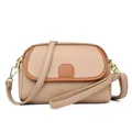 Borsa a tracolla in vera pelle beige con finiture marroni e doppia cerniera da donna - Cachi