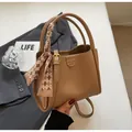Brown litchi leather tote bag with silk scarf handle and adjustable shoulder strap - Brown