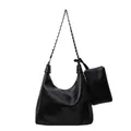 Elegant black pleated hobo shoulder bag with chain strap and matching coin purse - Large / Black