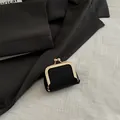 Mini vintage black litchi pattern leather coin purse with golden metal clasp closure - Black