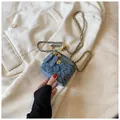 Mini blue denim crossbody bag with camellia pattern, quilted texture and gold ball chain - Blue (Printed Denim)