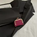 Mini rose red leather coin purse with lychee texture and golden clasp closure - Rose Red