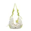 Chic dumpling shoulder bag in beige with neon green drawstrings and flower pendant - White With Pendant