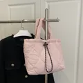 Quilted light pink dumpling tote bag with heart embroidery and drawstring closure - Pink