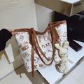 White graffiti print tote bag with brown straps and cute rabbit charm detail - With Pendant / Brown