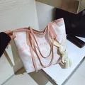 White graffiti tote bag with pink trim and cute bunny pendant for women - With Pendant / Pink