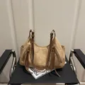 Minimalist camel suede tote bag with brown leather straps and gold pearl chain charm - Khaki