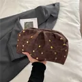 Brown leopard print cloud clutch bag with gold rivets and soft pleats - Brown