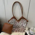 Sac fourre-tout en PVC transparent avec motif cerise et anses marron sur tissu blanc - Marron
