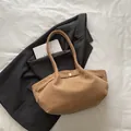Khaki large capacity suede tote bag with metal buckle and drawstring side details - Khaki