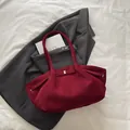 Retro burgundy frosted suede tote bag with elegant gold buckle and long shoulder straps - Red