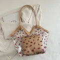 Bolso tote grande de PVC con diseño de cerezas y neceser interior para el día a día - Caqui