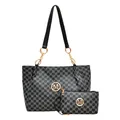 Fashionable black grey jacquard tote bag set with golden M logo and chain shoulder straps - Black