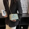 Chic tweed camera bag with gold flower detail and chain strap for stylish women - Blue Large