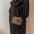 Brown tweed box bag with gold floral clasp and chain strap for crossbody wear - Black Large