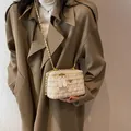 Mini tweed box bag with gold chain strap and floral emblem in light woven fabric - White - Large