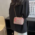 Pink tweed mini chain crossbody bag featuring a golden camellia flower emblem and quilt texture - Rose Pink Large