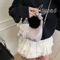 Fashionable light purple ruched cloud bag with pearl heart charm and metal chain strap - Purple