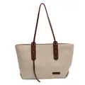 Beige Canvas-Tragetasche mit braunen Ledergriffen und Wednesday-Logo-Aufnäher - Braun